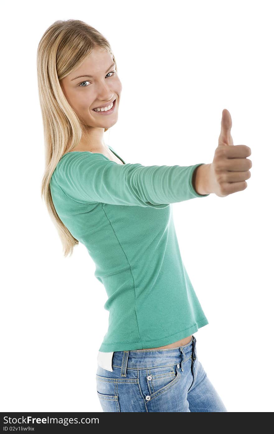 Beautiful teenage girl with thumbs-up, isolated on white