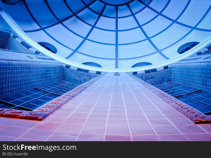 The roof of a hall with blue lights