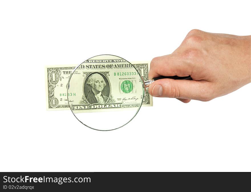 Dollar Bill And Hand Holding Magnifying Glass