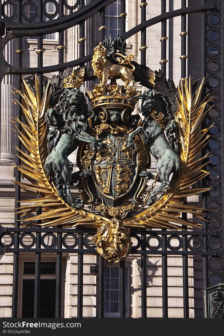 Coat of arms on Main Gate in Buckingham Palace taken on August 23, 2010, in London. Coat of arms on Main Gate in Buckingham Palace taken on August 23, 2010, in London