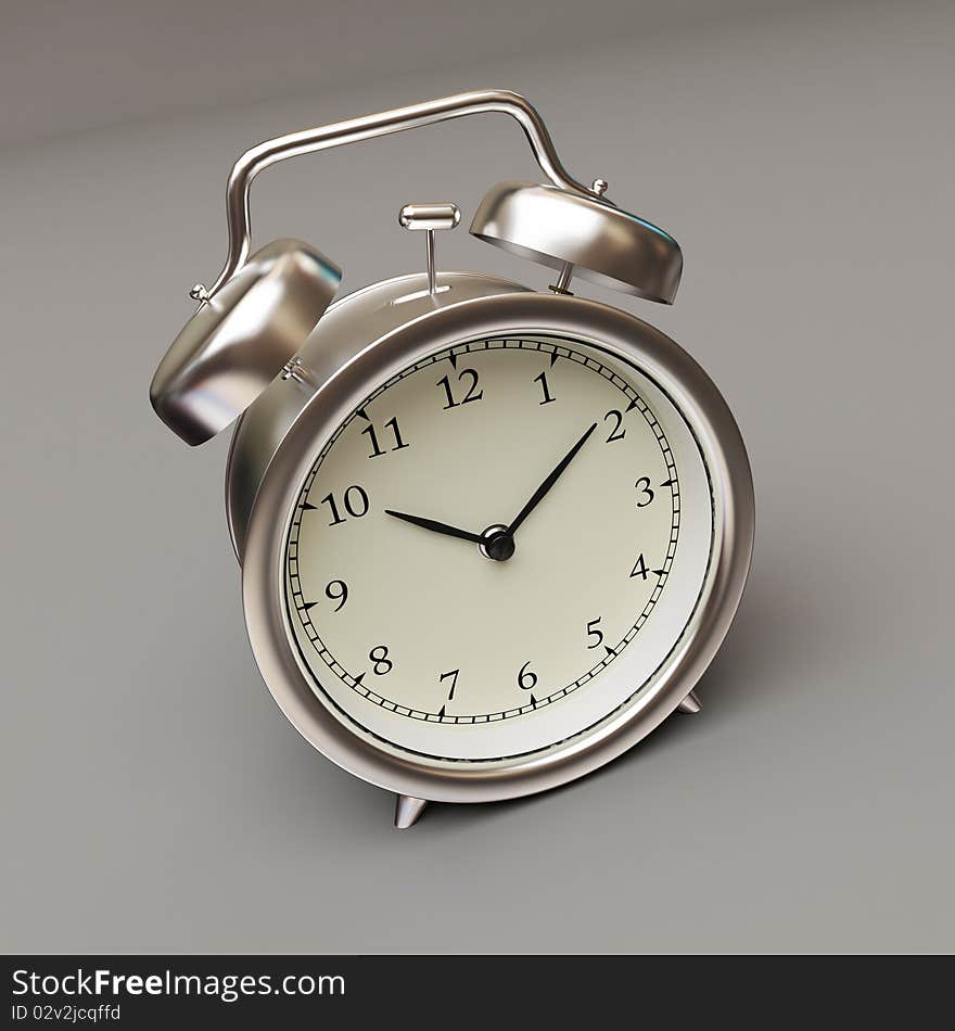 Vintage alarm clock on grey background