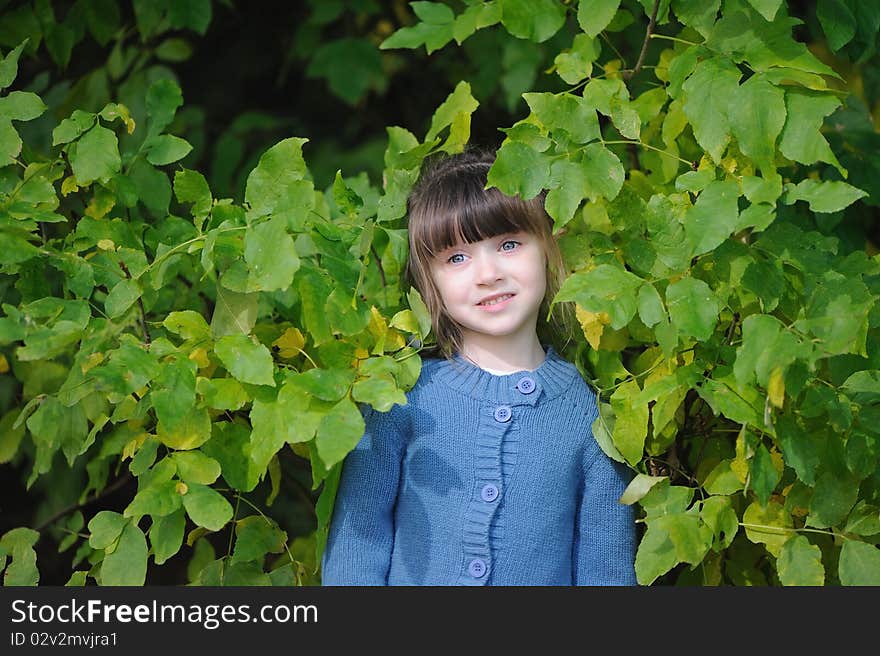 Adorable small girl in the autumn forest