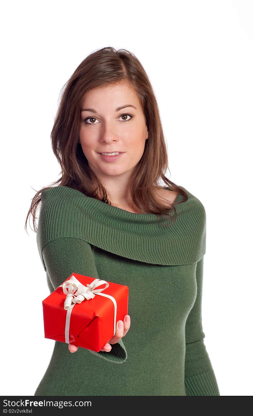 Women giving gift with white background