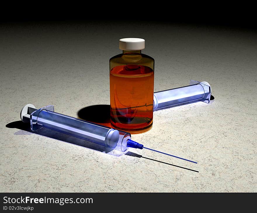 Scene of the syringe and flasks. Scene of the syringe and flasks