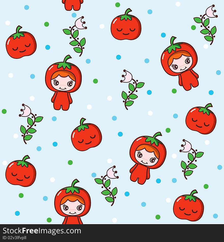 Illustration of little tomato girl and floral pattern.