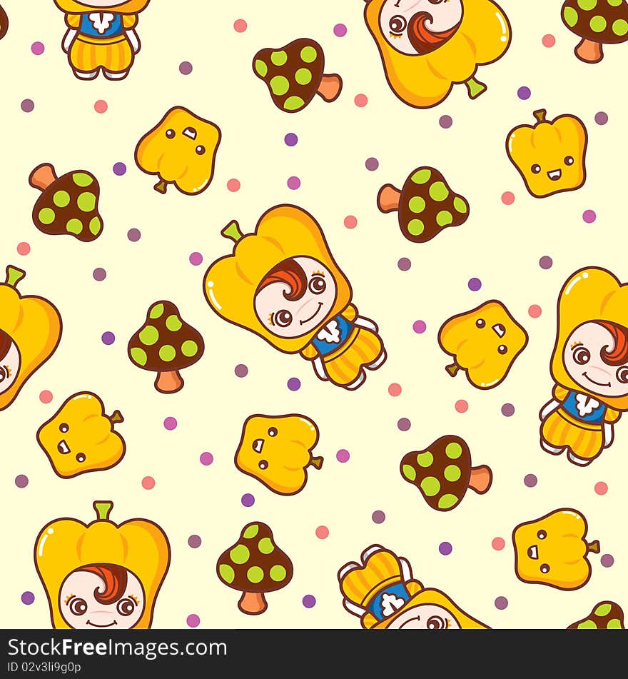 Illustration of yellow sweet pepper and mushroom on abstract dots background.