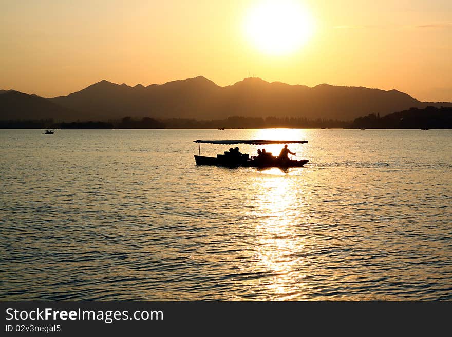 Sunset on West Lake in Hangzhou, China