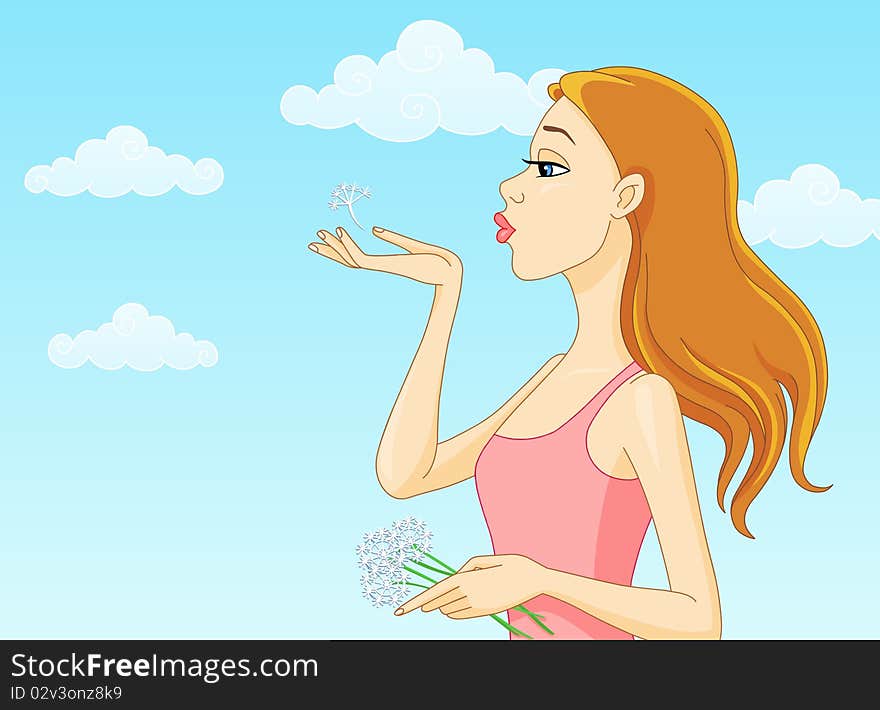 Vector illustration. The young girl blows off a dandelion fuzz. Vector illustration. The young girl blows off a dandelion fuzz