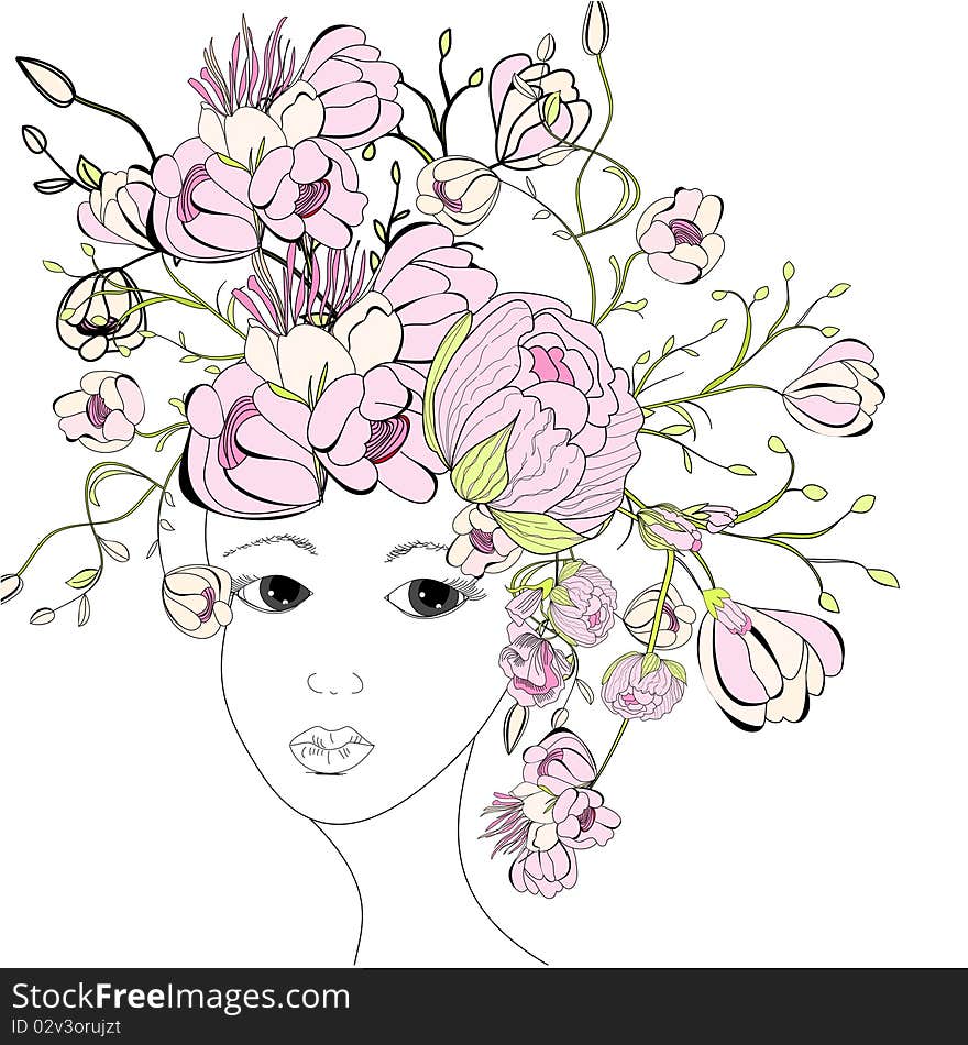 Young woman face with pink flowers