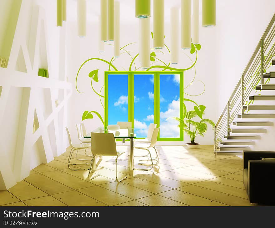 White liwing room with green elements