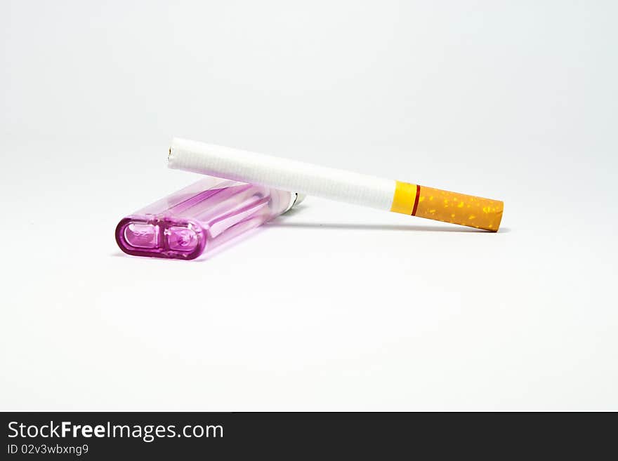 Cigarette and Lighter on white background