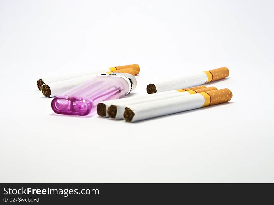 Cigarette and Lighter on white background