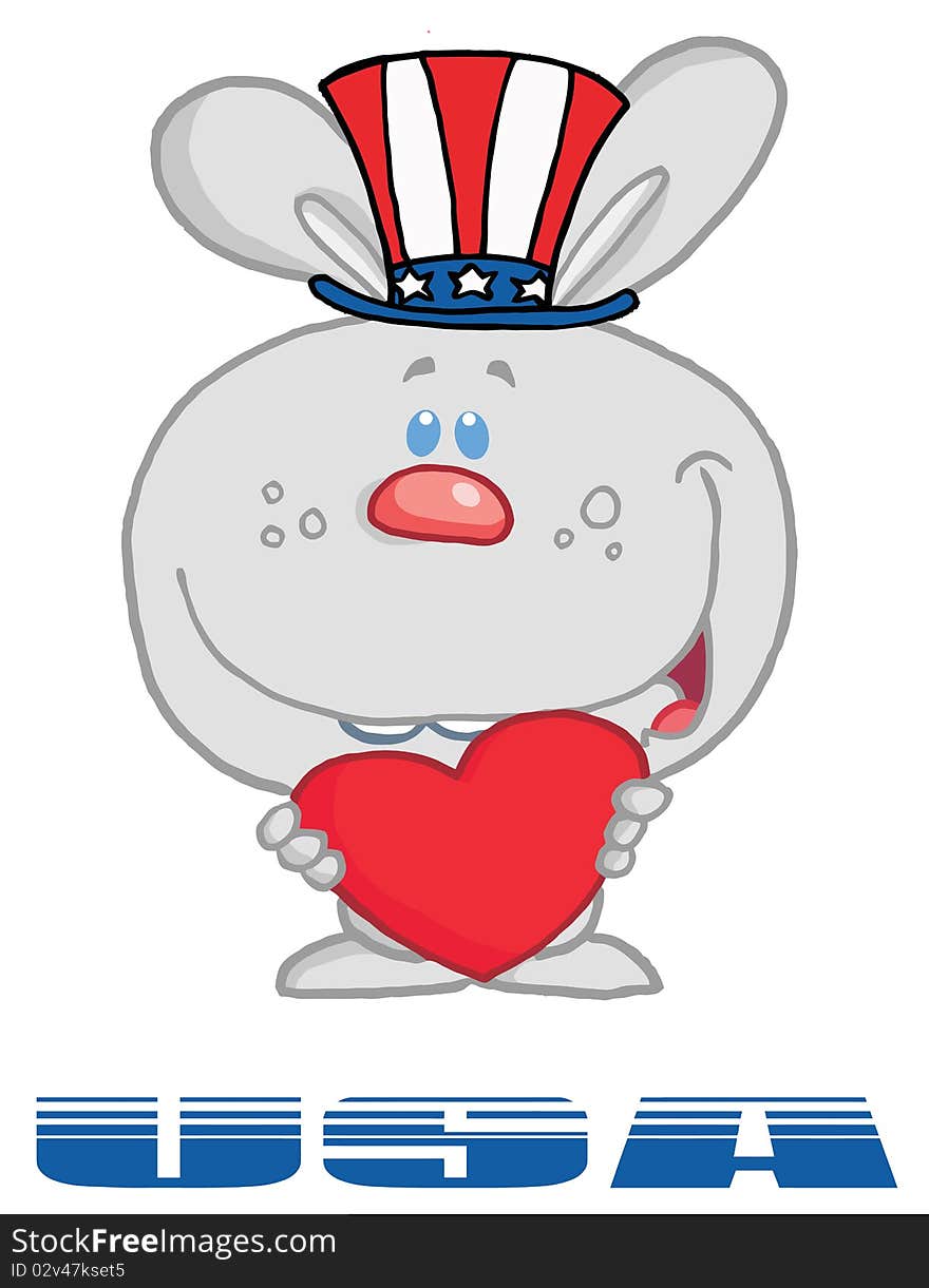 Gray american bunny standing over usa, holding a red heart and wearing a patriotic hat. Gray american bunny standing over usa, holding a red heart and wearing a patriotic hat