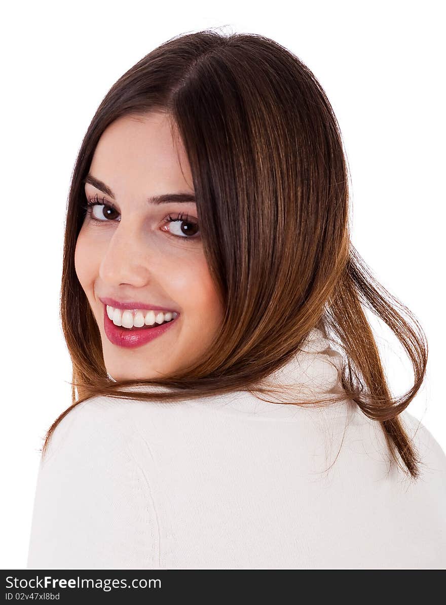 Portrait of young woman smiling viewing at back. Portrait of young woman smiling viewing at back