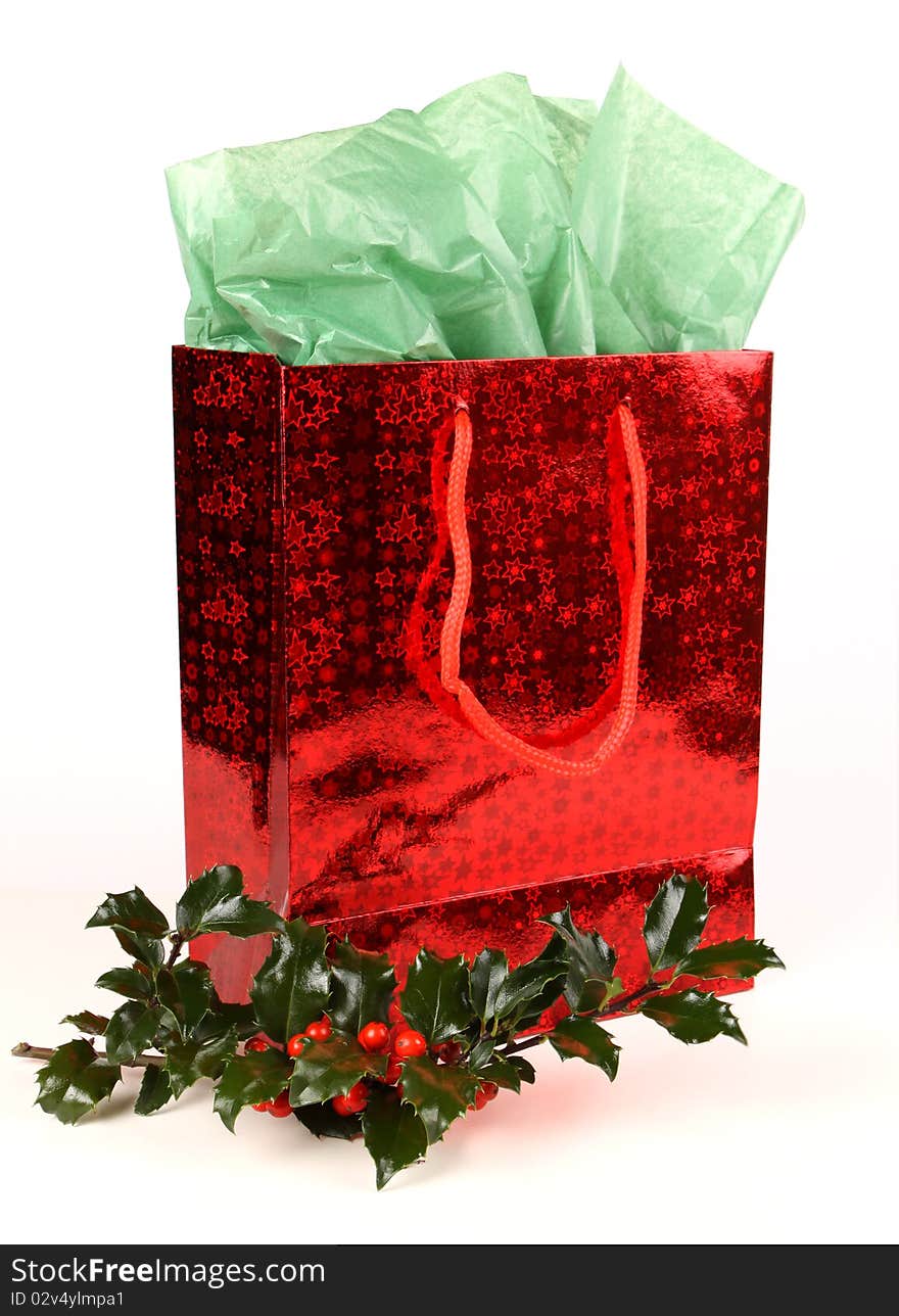 Red Christmas Gift Bag with Holly