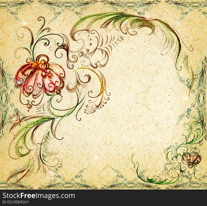 An original background is the drawn elements of decorative pattern on a background a yellow paper