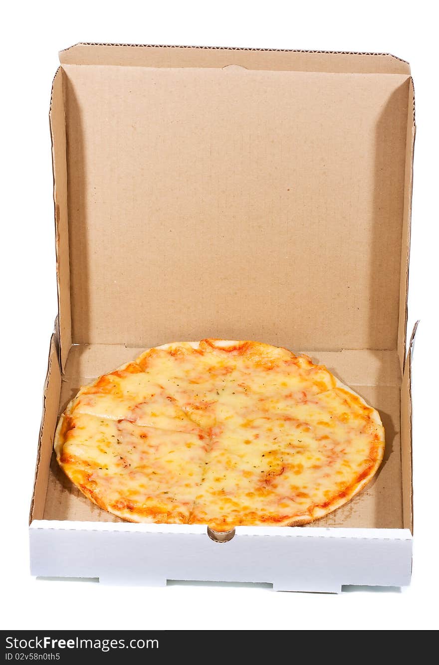 Pizza in open paper box