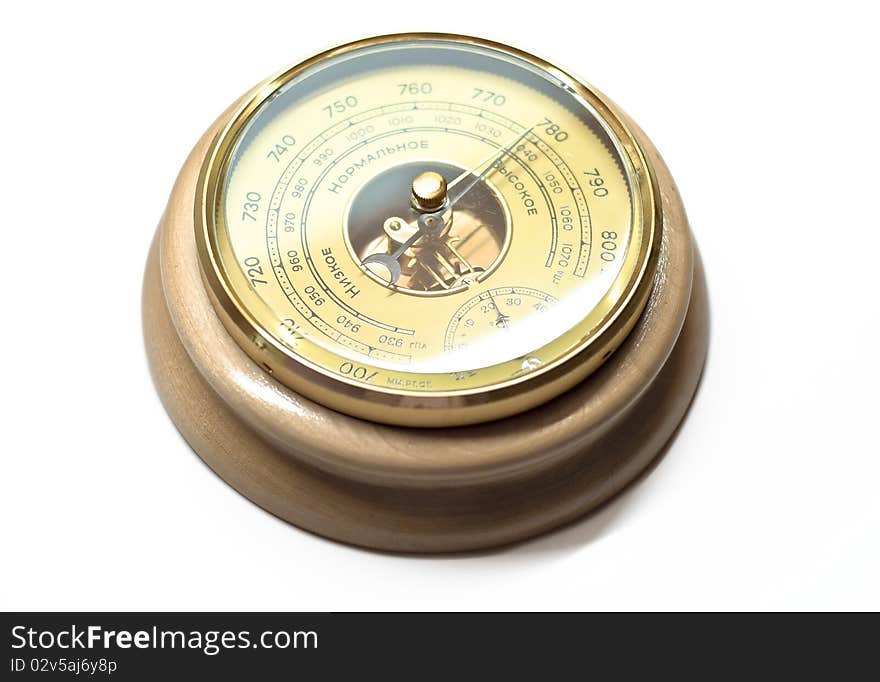 Wooden barometer on a white background. Arrow indicates high blood pressure. Isolation.