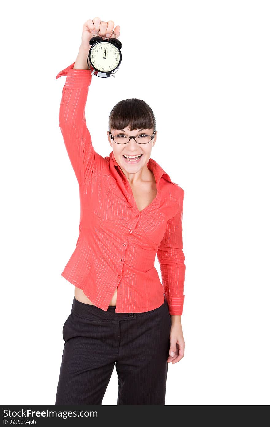 Young adult woman with clock. over white background