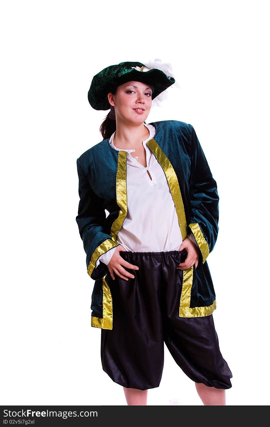 Woman wearing fancy dress on Halloween. A young woman dressed up as in pirate costume isolated on white. Having a Great Halloween. Woman wearing fancy dress on Halloween. A young woman dressed up as in pirate costume isolated on white. Having a Great Halloween