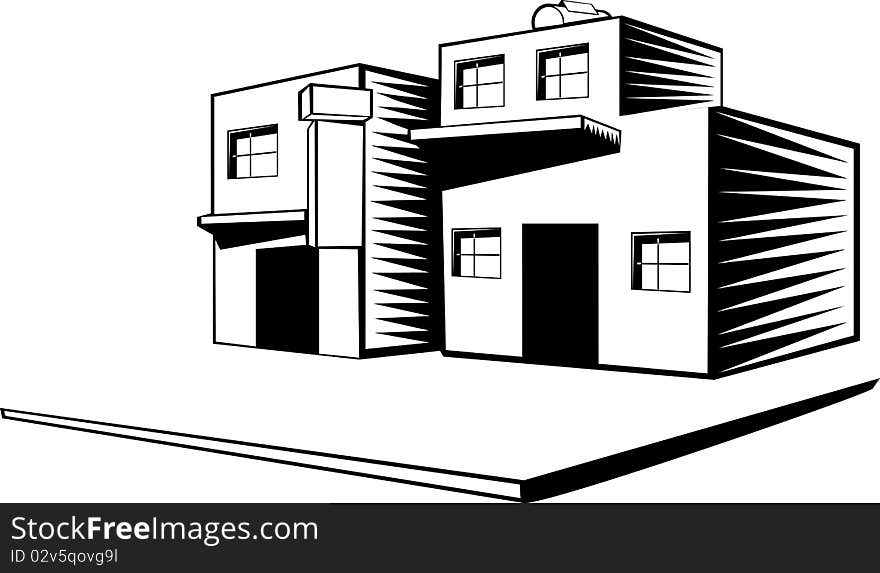 Black and white illustration of old downtown houses