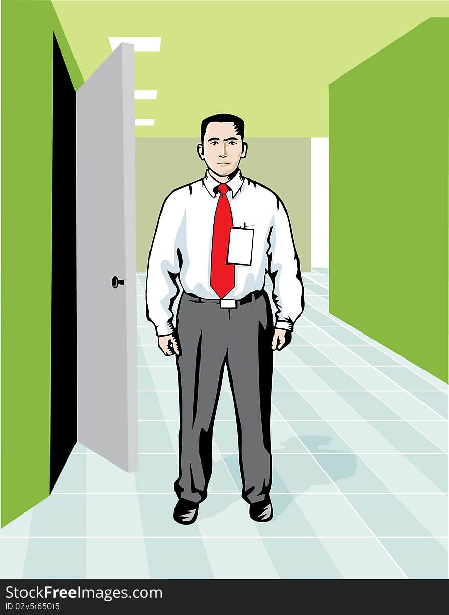 Colored illustration of a guard standing by a door, inside a building. Colored illustration of a guard standing by a door, inside a building