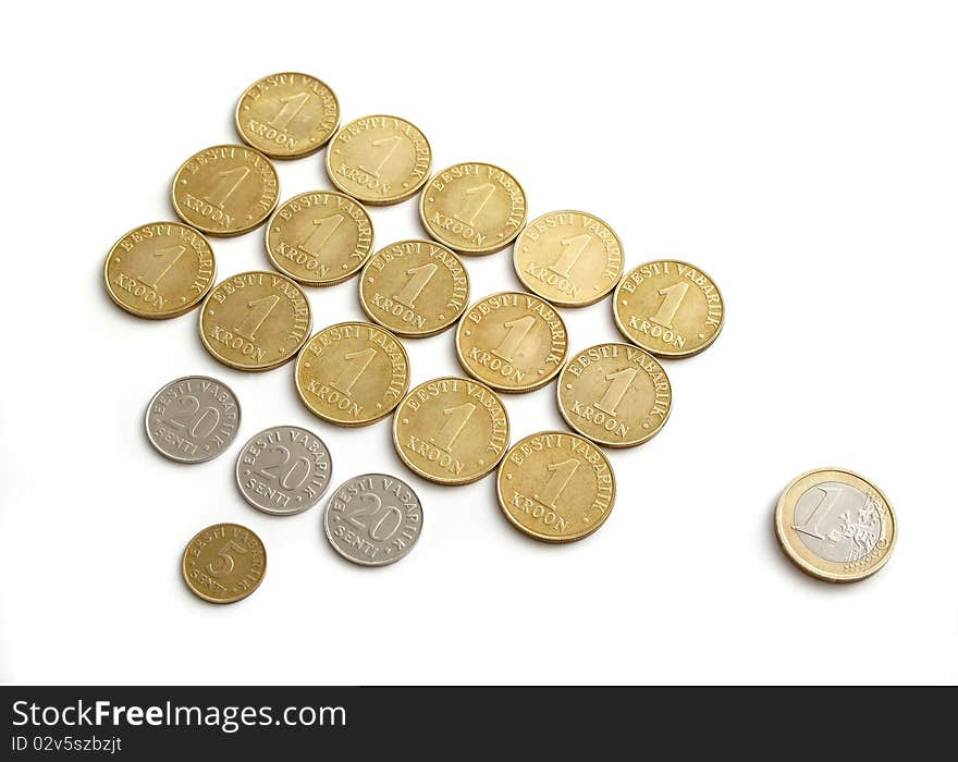 Estonian coins and one euro at the rate of exchange. Estonian coins and one euro at the rate of exchange