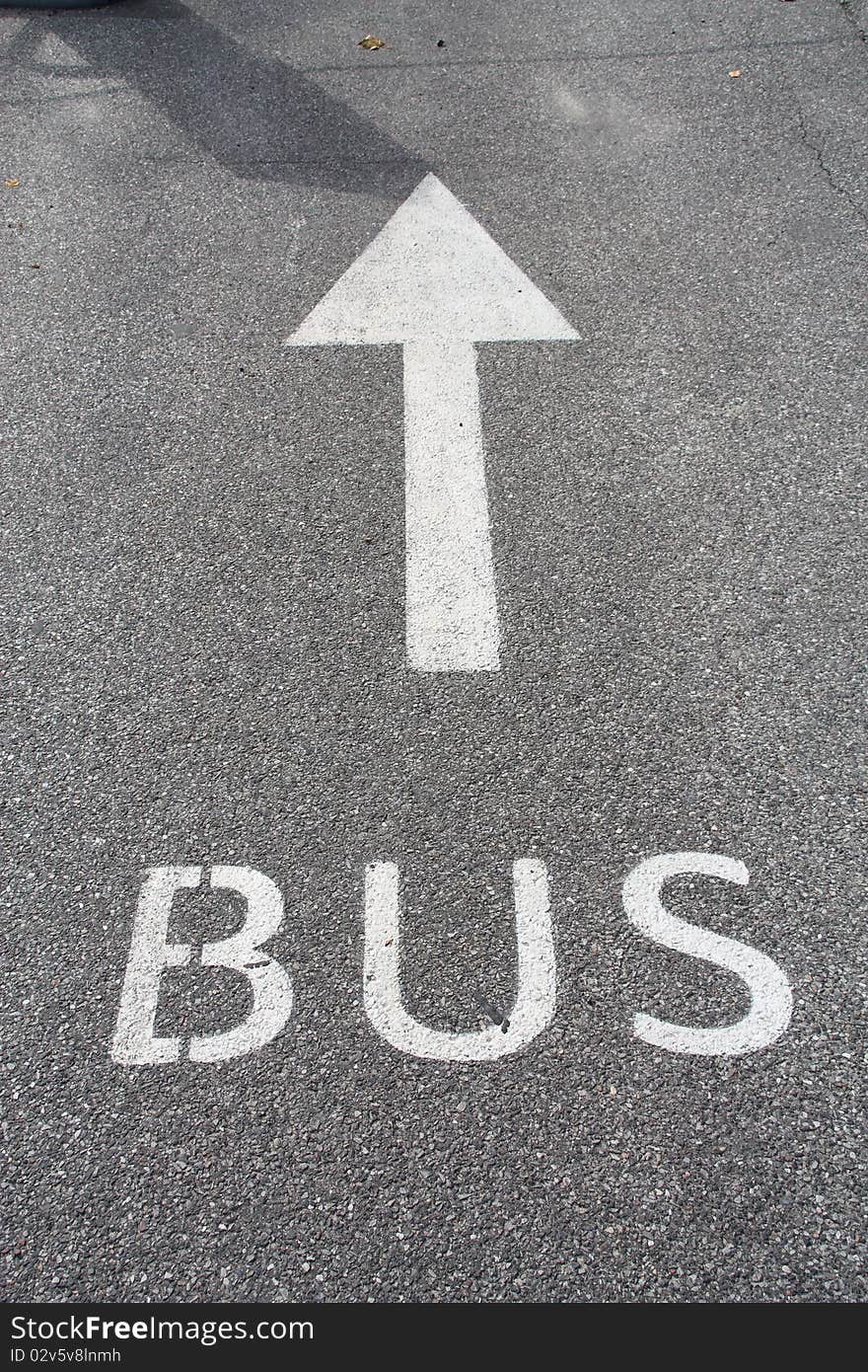 Bus sign painted on asphalt road.