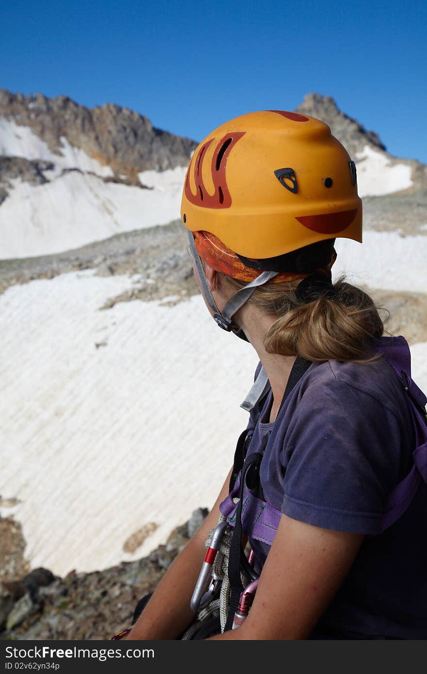 Hiker Girl In Orange Helmet