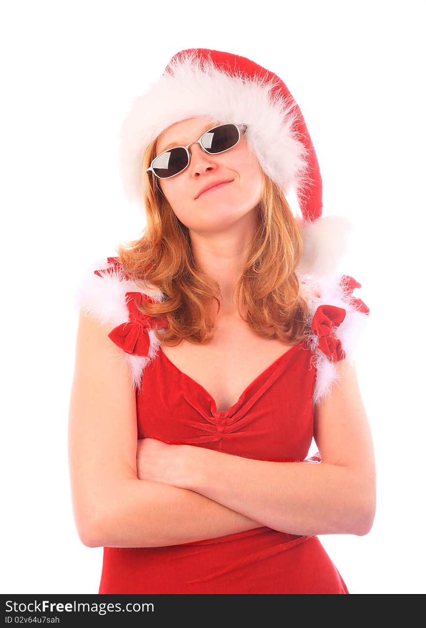 Miss Santa is wearing sunglasses and folding her arms for a cool look. Miss Santa is wearing sunglasses and folding her arms for a cool look