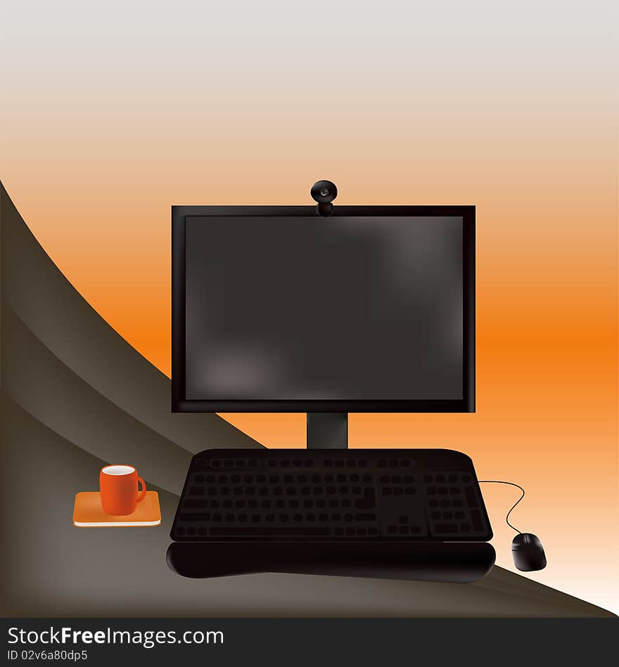 The black computer on a workplace.Vector illustration.