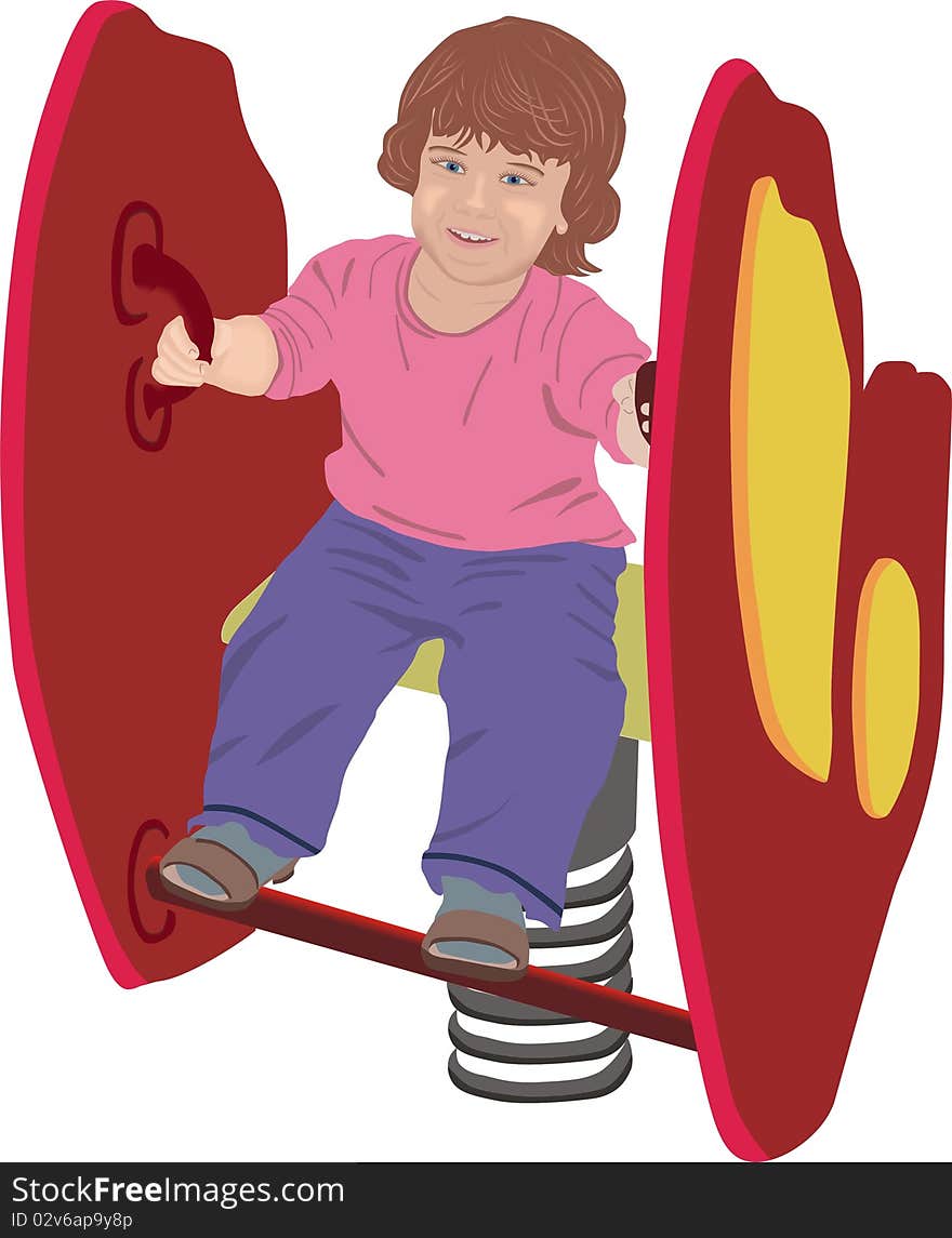 Smiling little girl riding on a swing at a children play area. Smiling little girl riding on a swing at a children play area