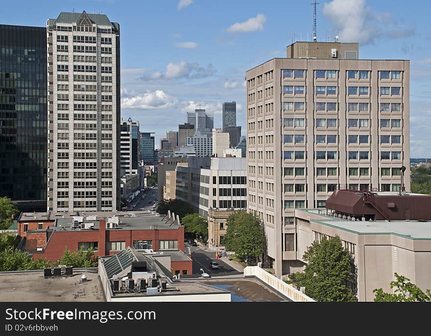 View to city core from highrise building in Montreal, Quebec, Canada