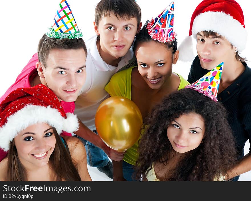 Portrait of six friends celebrating New Year's arrival