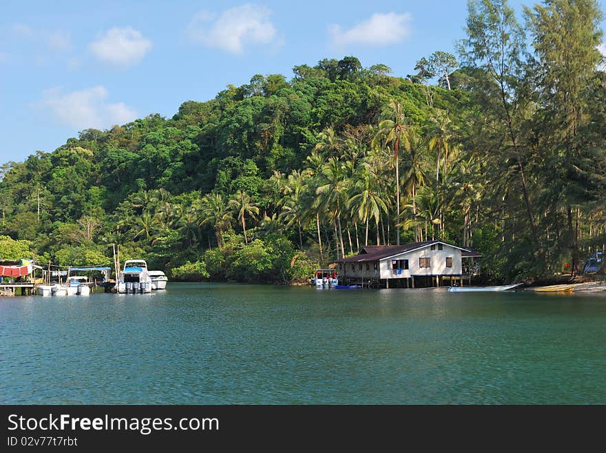 Private hostelry on the island. Sea and coconut trees on the island. Private hostelry on the island. Sea and coconut trees on the island