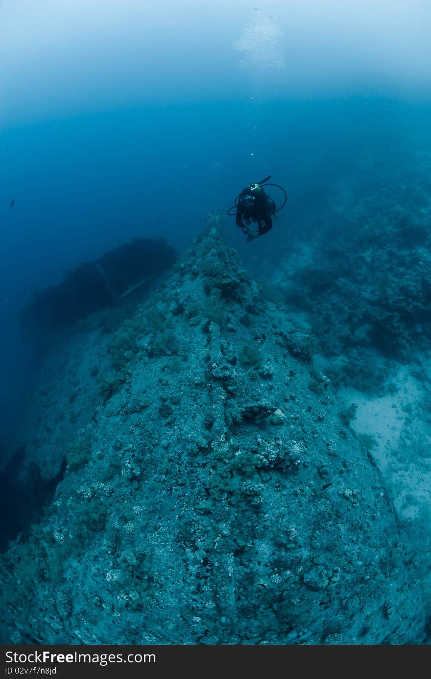 Female Scuba Diver Exploring Ship Wreck