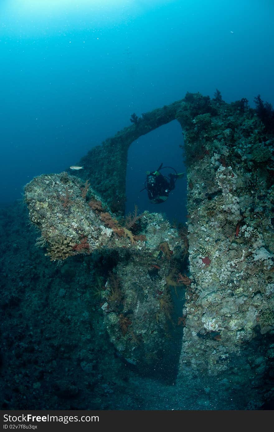 Female Scuba Diver Exploring Ship Wreck