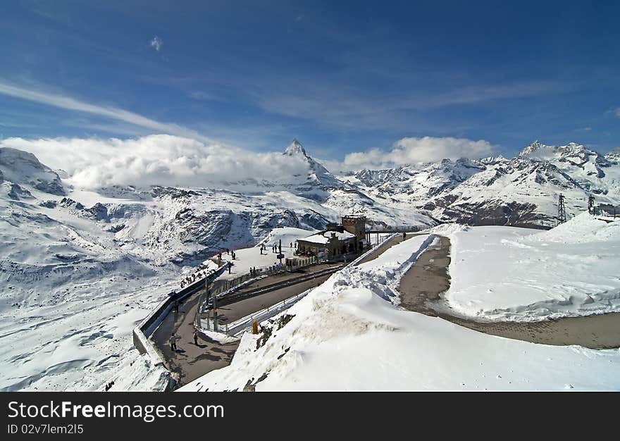 The Swiss Alps with the Matterhorn peak as seen from Gonergat. The Swiss Alps with the Matterhorn peak as seen from Gonergat