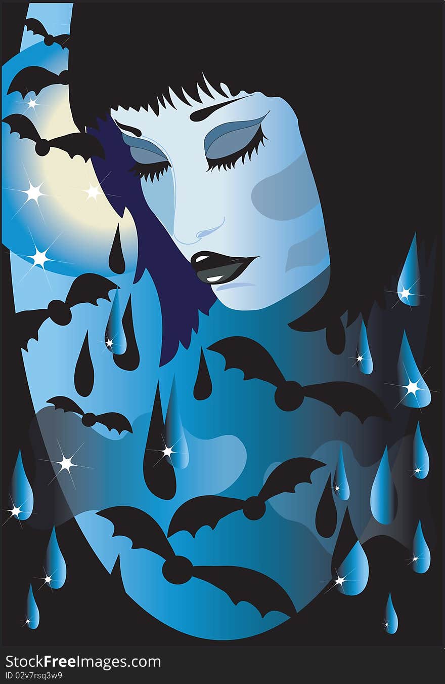 Halloween: background with face of a girl and bats. Halloween: background with face of a girl and bats..