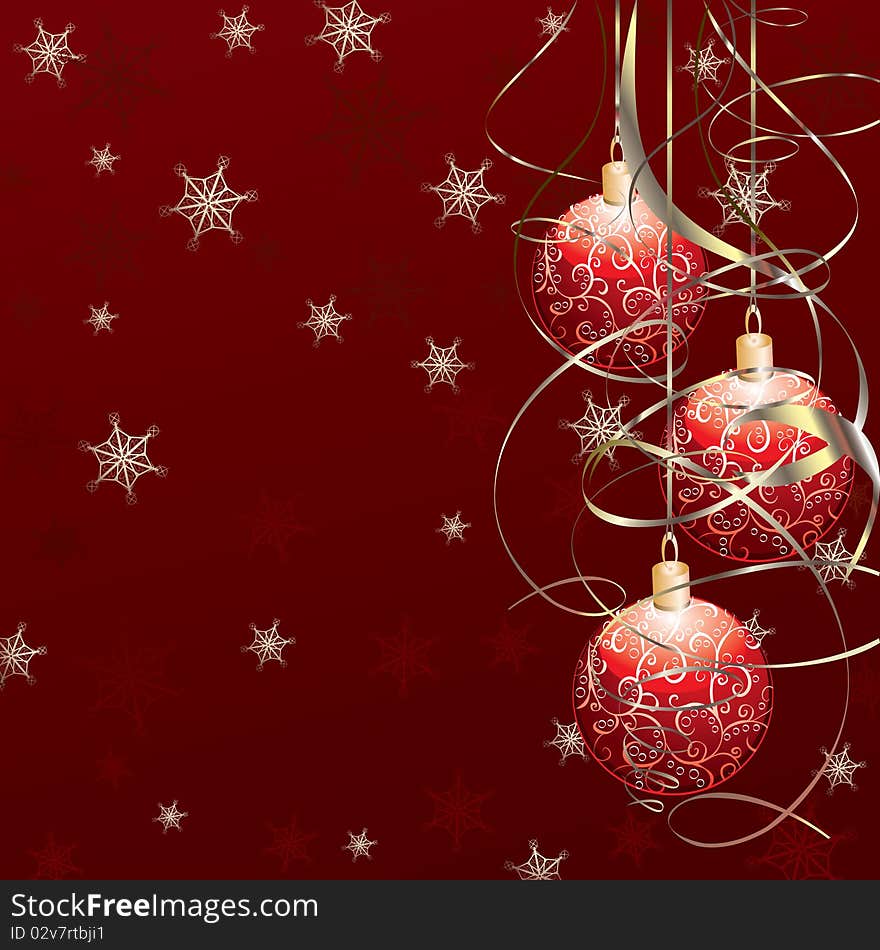 Background with red Christmas balls and snow corn