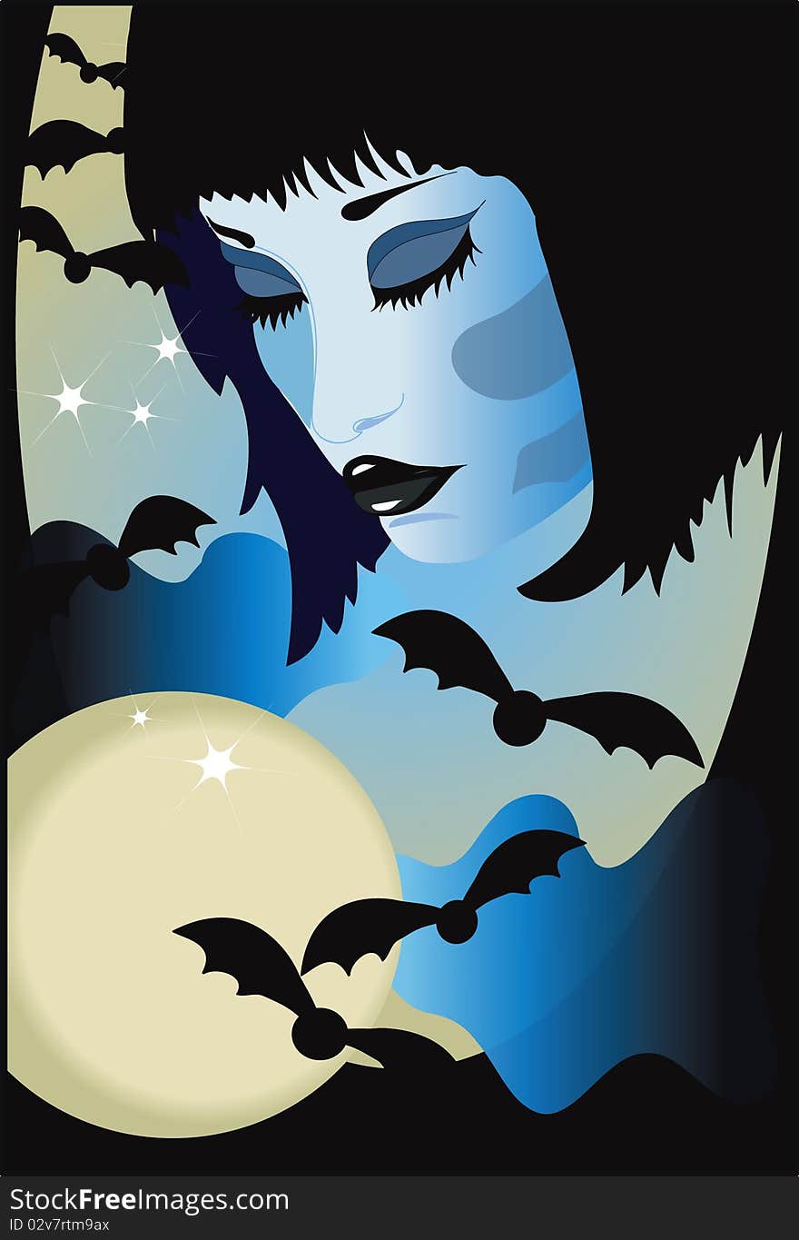 Halloween: background with face of a girl and bats. Halloween: background with face of a girl and bats..