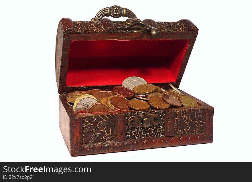 Wooden chest with coins