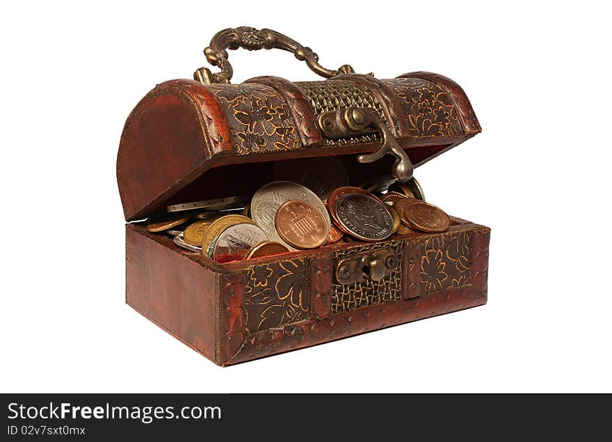 Wooden chest with coins inside isolated