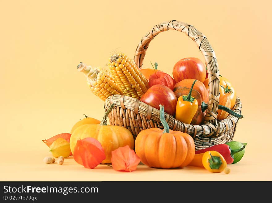 Fresh healthy vegetables on yellow background. Fresh healthy vegetables on yellow background