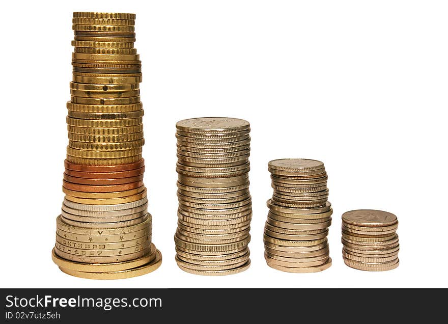 Stacks of coins isolated on white background