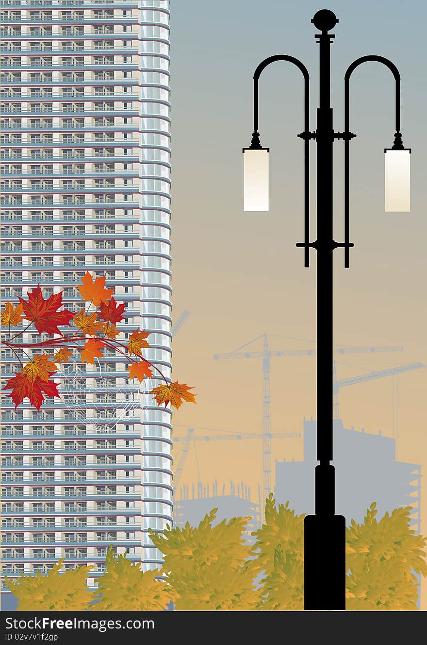 Illustration with skyscraper and street lamp. Illustration with skyscraper and street lamp