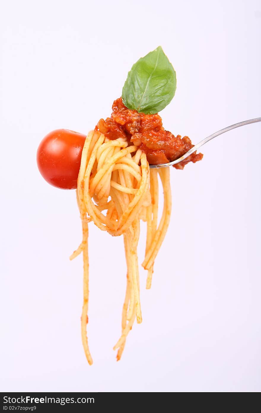 Spaghetti bolognese on a fork