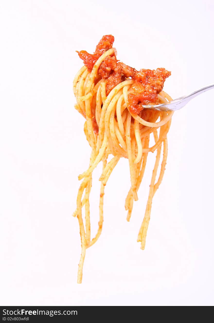 Spaghetti bolognese on a fork