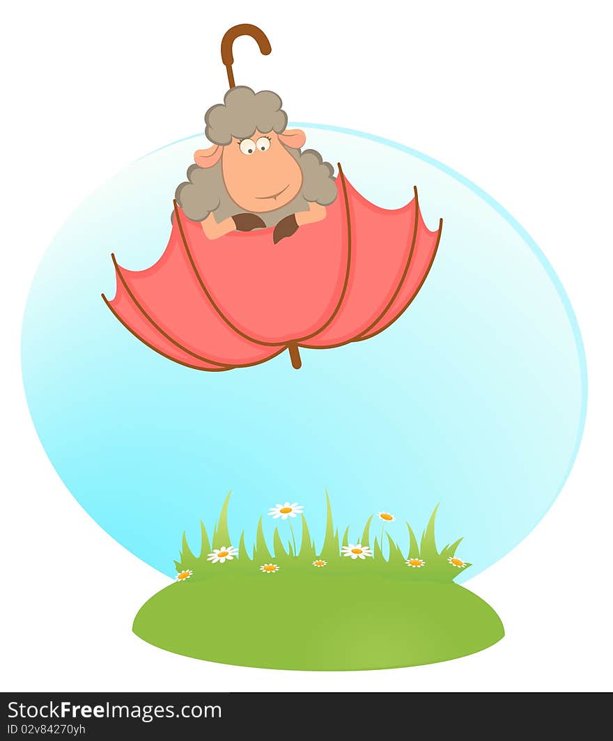 Illustration of cartoon sheep sheep flies on an umbrella