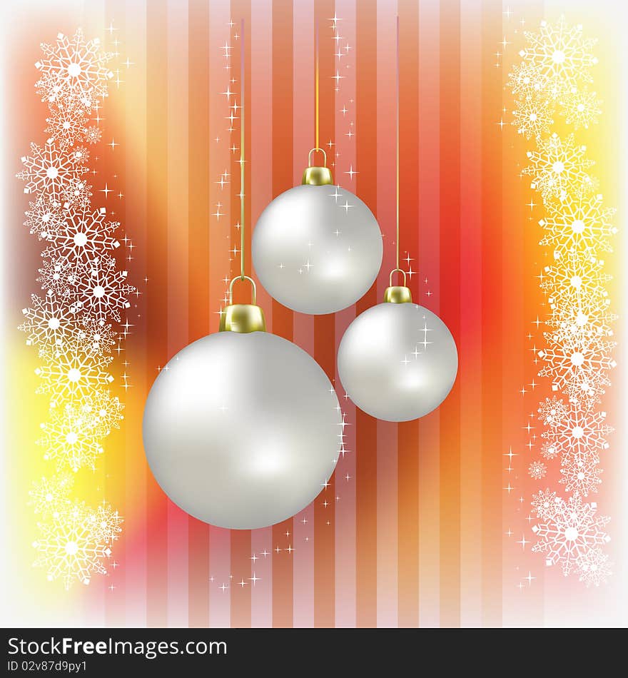 Christmas balls and snowflakes on a orange